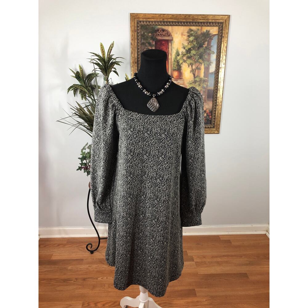 Loft Small Cozy Square Neck Shift Dress Black White Pullover Stretch Long Sleeve
